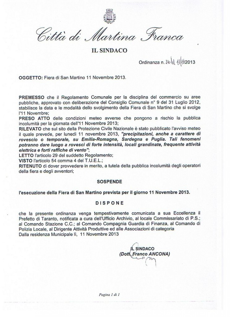 ordinanza sindaco fiera