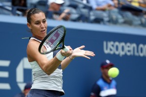 September 11, 2015 -  Flavia Pennetta in action against  Simona Halep in a women's singles semifinal match  during the 2015 US Open at the USTA Billie Jean King National Tennis Center in Flushing, NY. (USTA/Ned Dishman)
