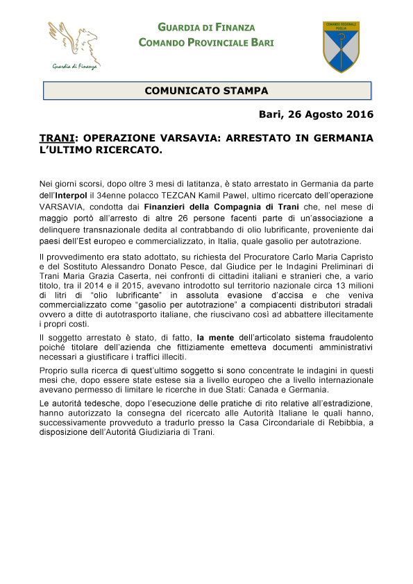 11490 GDF BARI ARRESTATO ULTIMO RICERCATO OPERAZIONE VARSAVIA copia