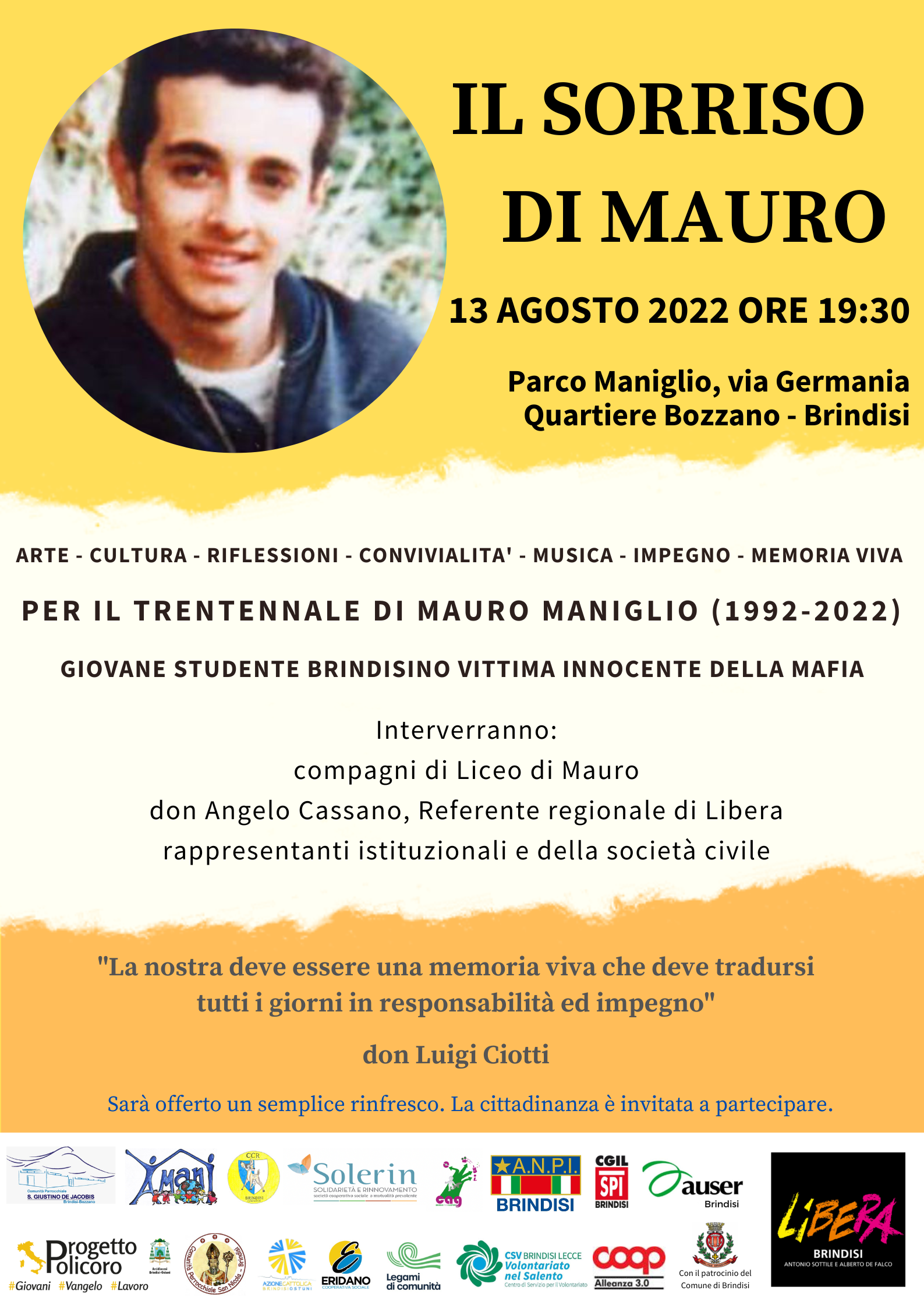 Brindisi: oggi e sabato commemorazioni di due vittime innocenti della sacra corona unita Manifestazioni antimafia di Libera