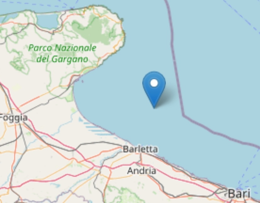 Terremoto: lieve scossa al largo di Barletta Magnitudo 2,3 registrata alle 14,02