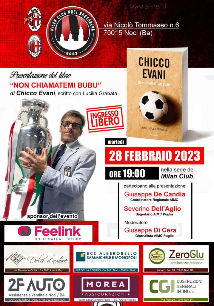 Locandina presentazione libro Evani al Milan club di Noci 28 febbraio 2023