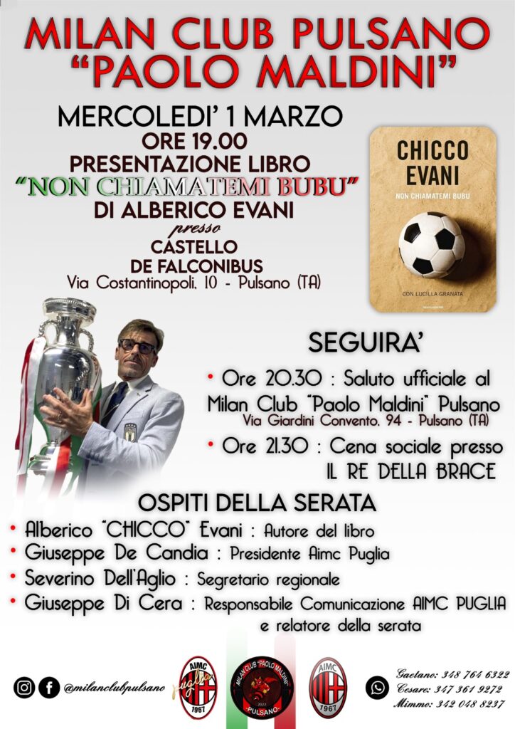 Locandina presentazione libro Evani al Milan club di Pulsano 1 marzo 2023