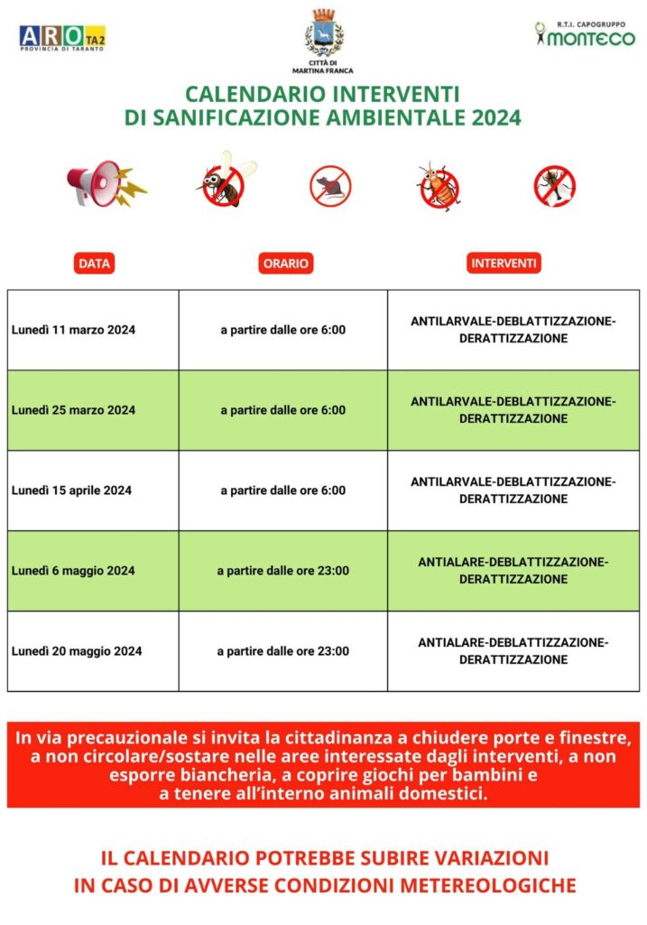 calendario sanificazione ambientale 2024