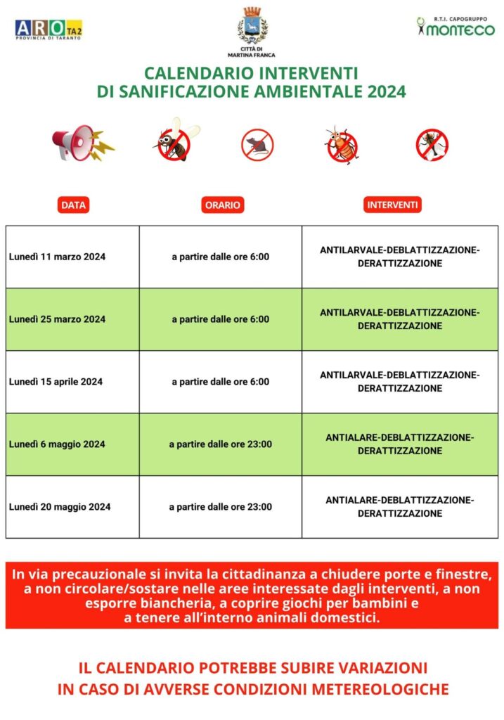 calendario sanificazione ambientale 2024