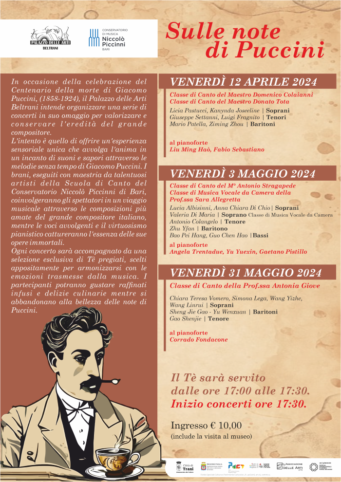 Locandina Sulle Note di Puccini, programma 12 aprile, 3 e 31 maggio 2024