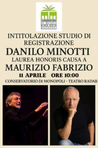 Loc. Intitolazione Minotti e Laurea ad honorem a Fabrizio, 11 aprile Teatro Radar, dalle ore 10, Monopoli