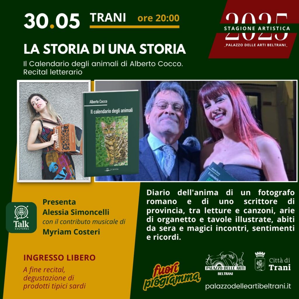 Loc. LA STORIA DI UNA STORIA, la prima nazionale del recital letterario di Alberto Cocco, 30 maggio a Palazzo delle Arti Beltrani a Trani