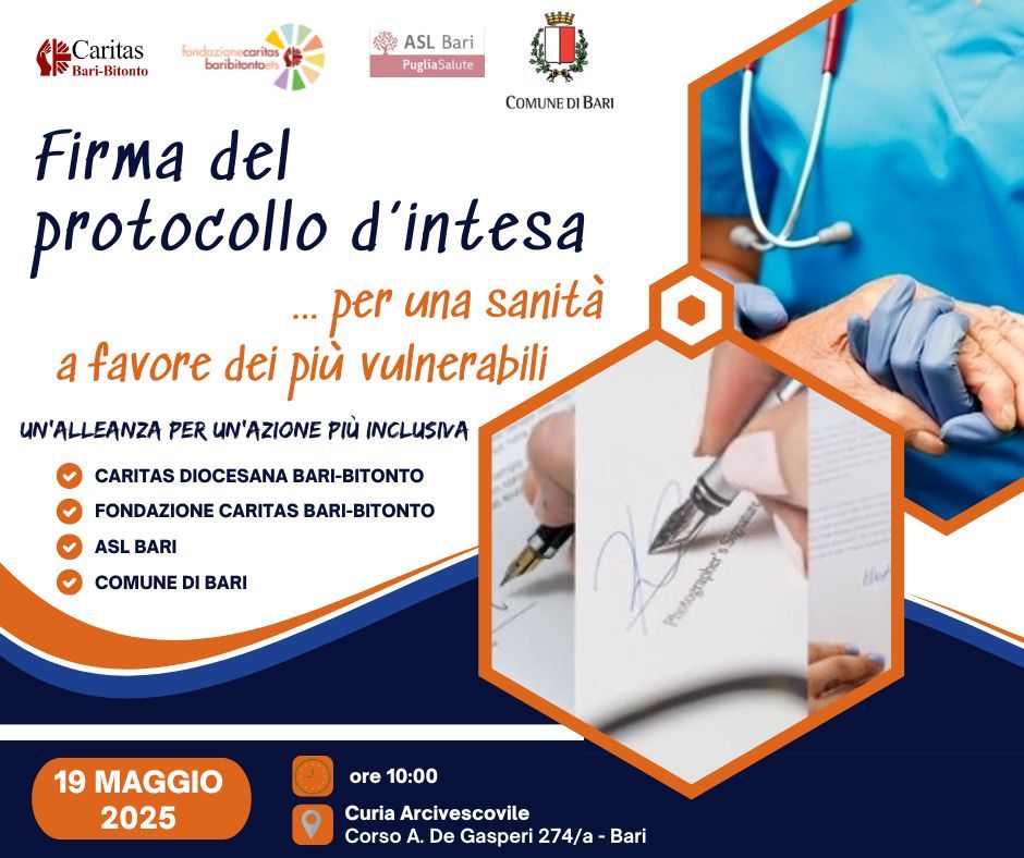 Loc. protocollo d'intesa tra Comune di Bari, Asl e Caritas per persone senza dimora, 19 maggio 2025, ore 10 Bari, Curia Arcivescovile