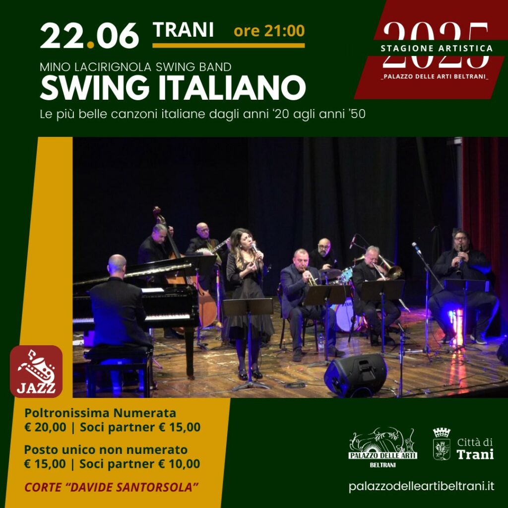 Loc. qu. Loc. SWING ITALIANO con la Mino Lacirignola Swing Band, Palazzo beltrani, 22 giugno, ore 21