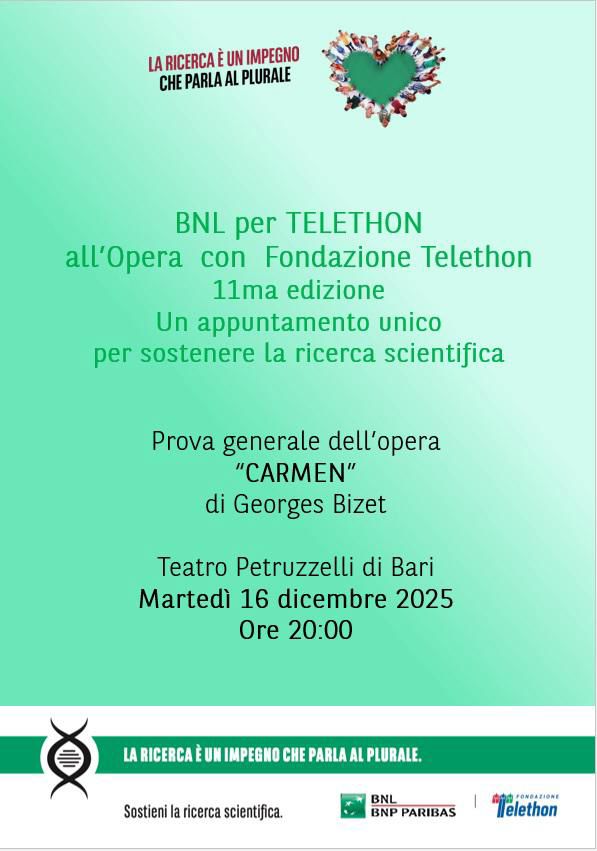 Bnl per Telethon al “Petruzzelli” di Bari a metà dicembre Solidarietà Bnl per Telethon al “Petruzzelli” di Bari a metà dicembre Solidarietà