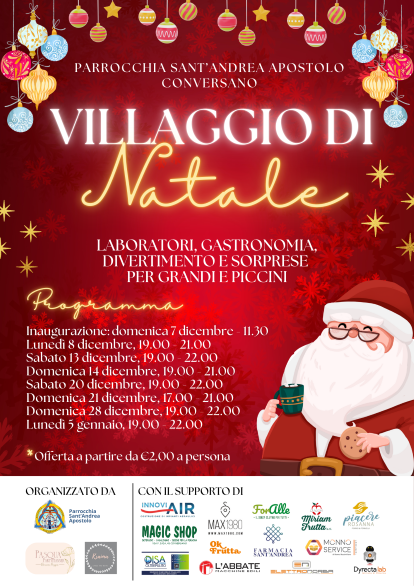 Conversano apre le porte alla magia: arriva il villaggio di Natale nella parrocchia di Sant’Andrea apostolo A dicembre Conversano apre le porte alla magia: arriva il villaggio di Natale nella parrocchia di Sant’Andrea apostolo A dicembre