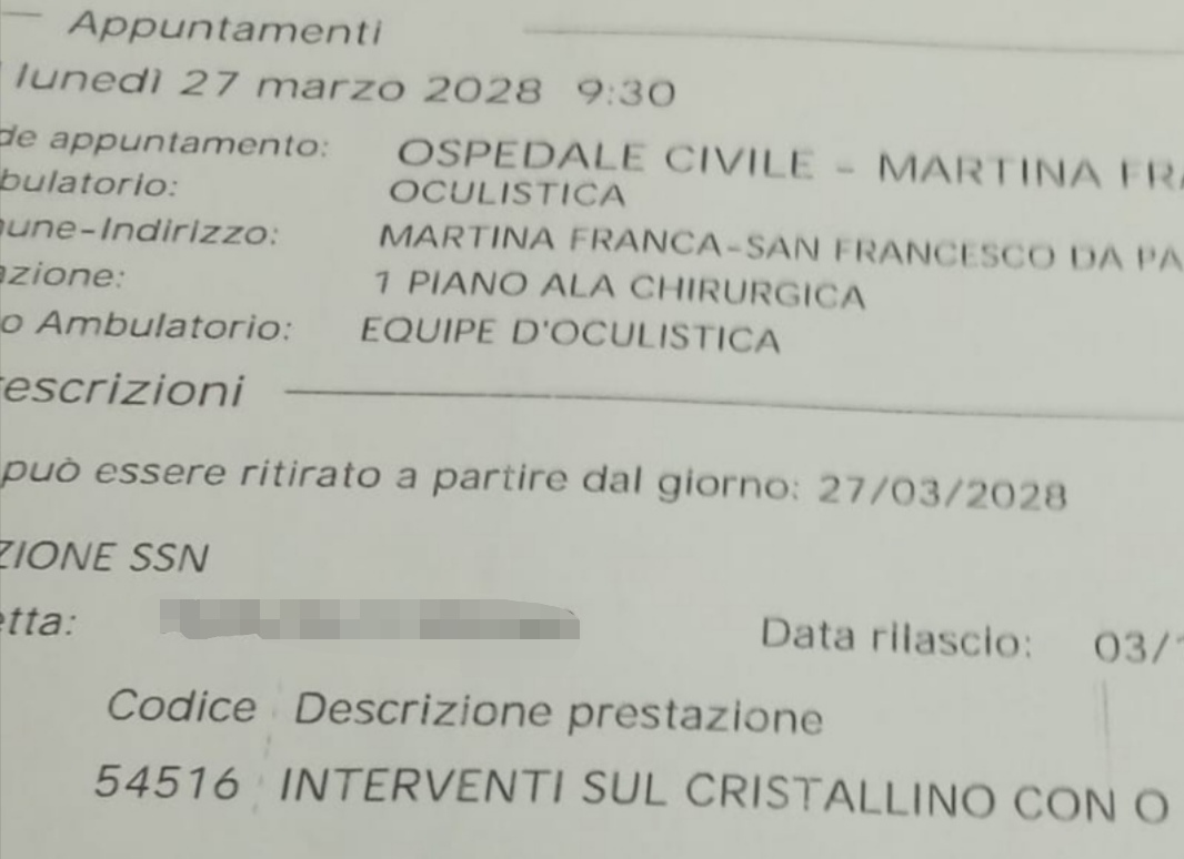 martina franca deve operarsi per la cataratta appuntamento in ospedale il 27 marzo 2028 lo sconcerto della donna