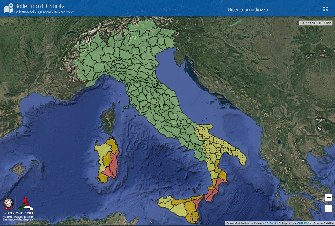 Maltempo: la Puglia fra le regioni oggi in allerta per temporali. Codice rosso in zone di Calabria, Sicilia e Sardegna Protezione civile, previsioni meteo. Nel messinese anche il terremoto di magnitudo 3,6 nella notte e uno sciame sismico