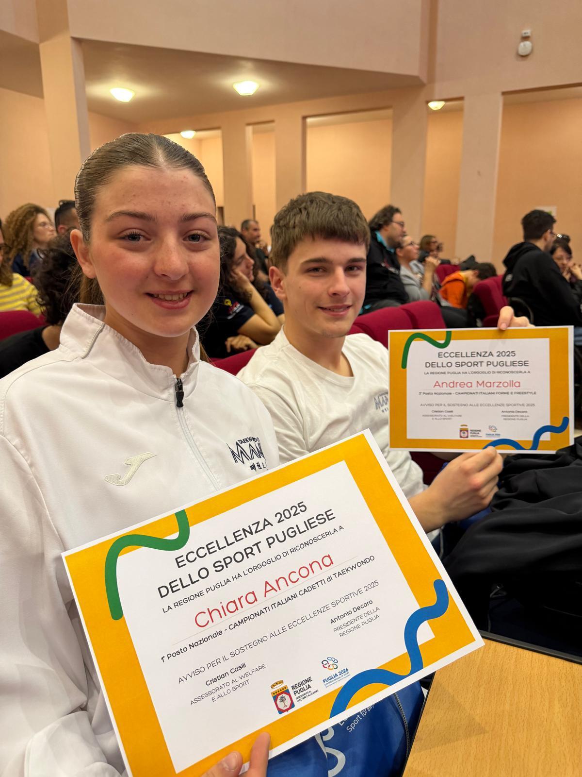 Eccellenze sportive, premiazione per tarantino e Salento: riconoscimento a due atleti del taekwondo di Martina Franca Chiara Ancona e Andrea Marzolla