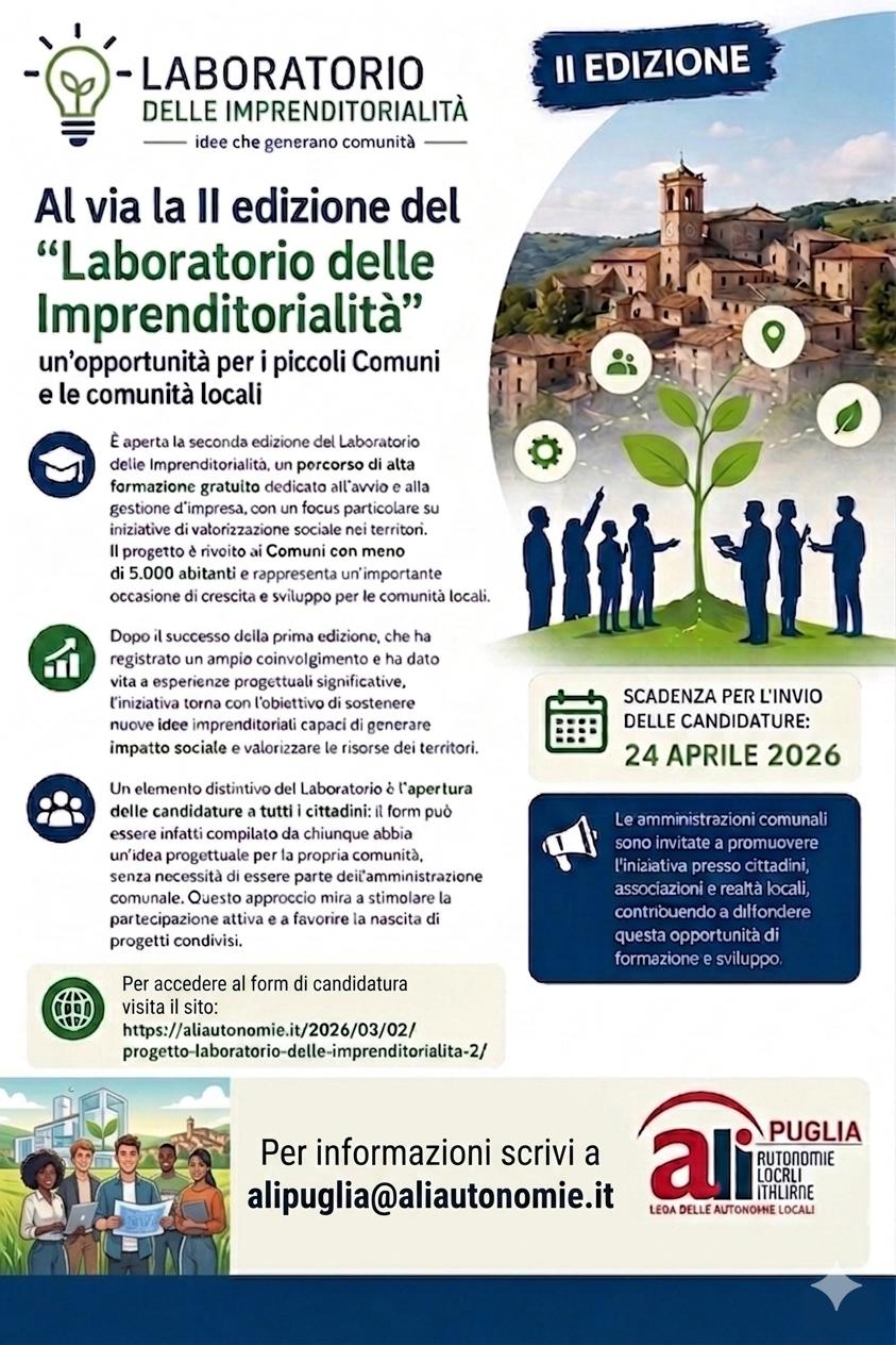 Laboratorio delle imprenditorialità: seconda edizione, per i piccoli Comuni Ali Puglia