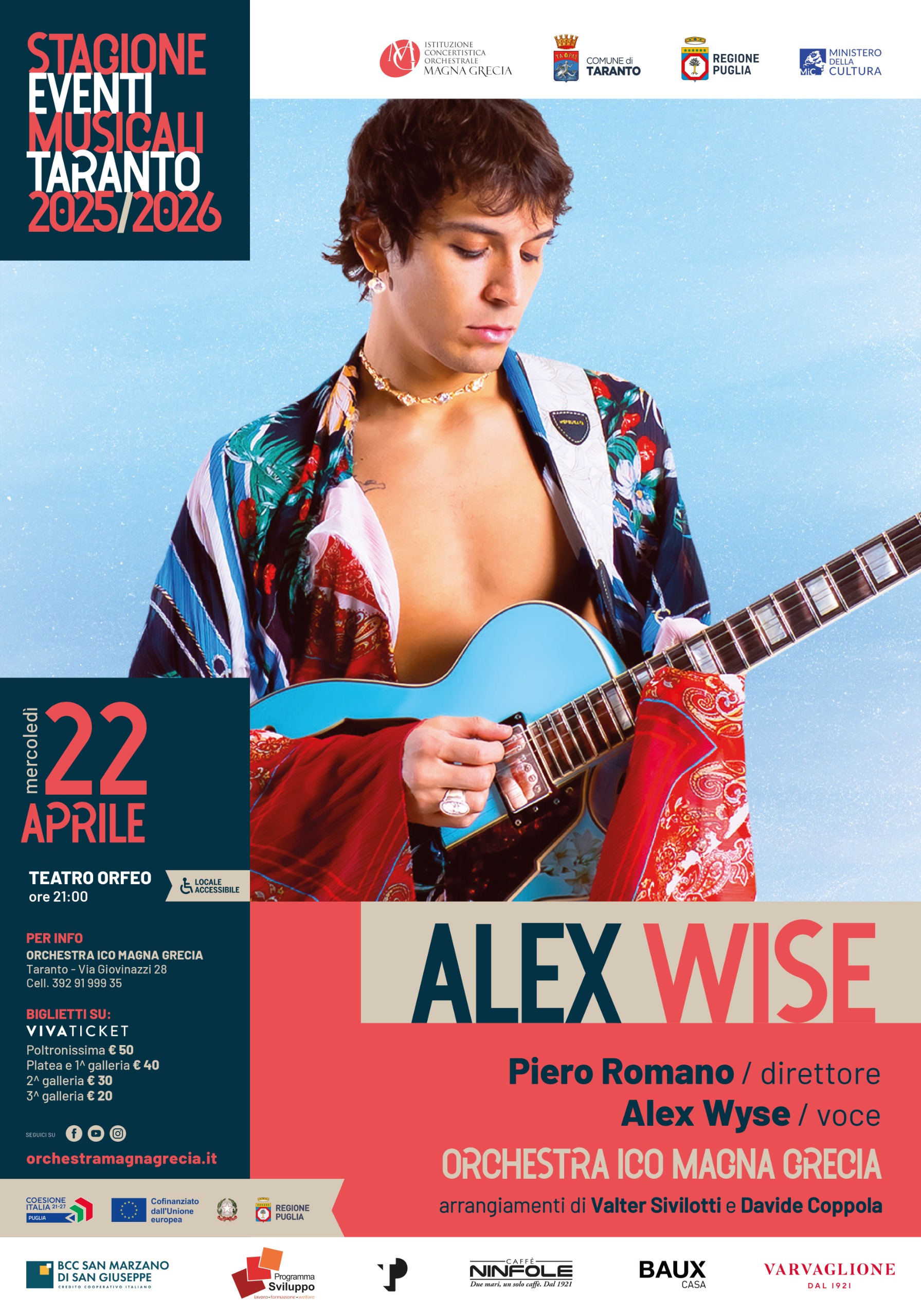 Taranto: stasera Alex Wise in concerto Con l'Orchestra della Magna Grecia