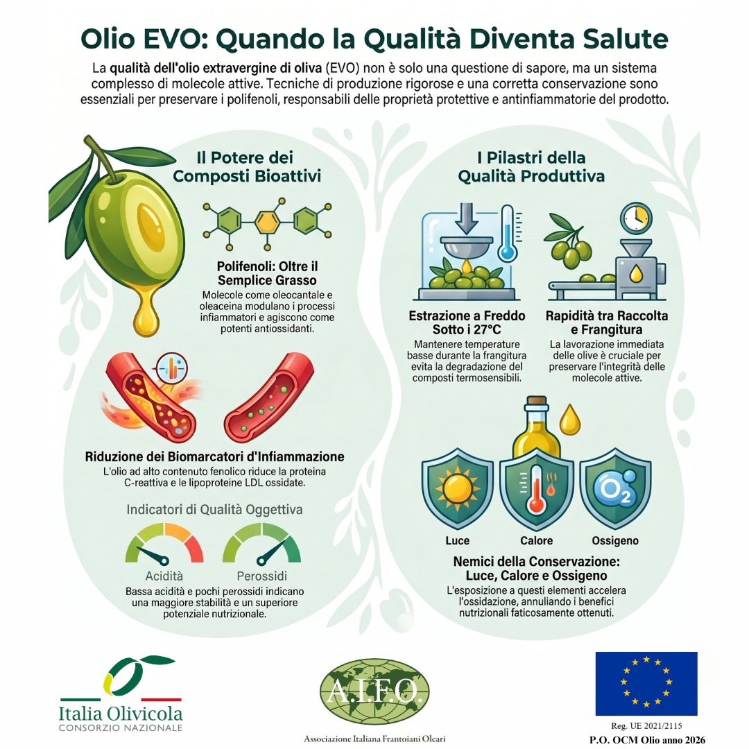 Olio extravergine di oliva: la qualità determina benefici nutrizionali, nuove evidenze sui composti bioattivi Associazione italiana frantoiani italiani