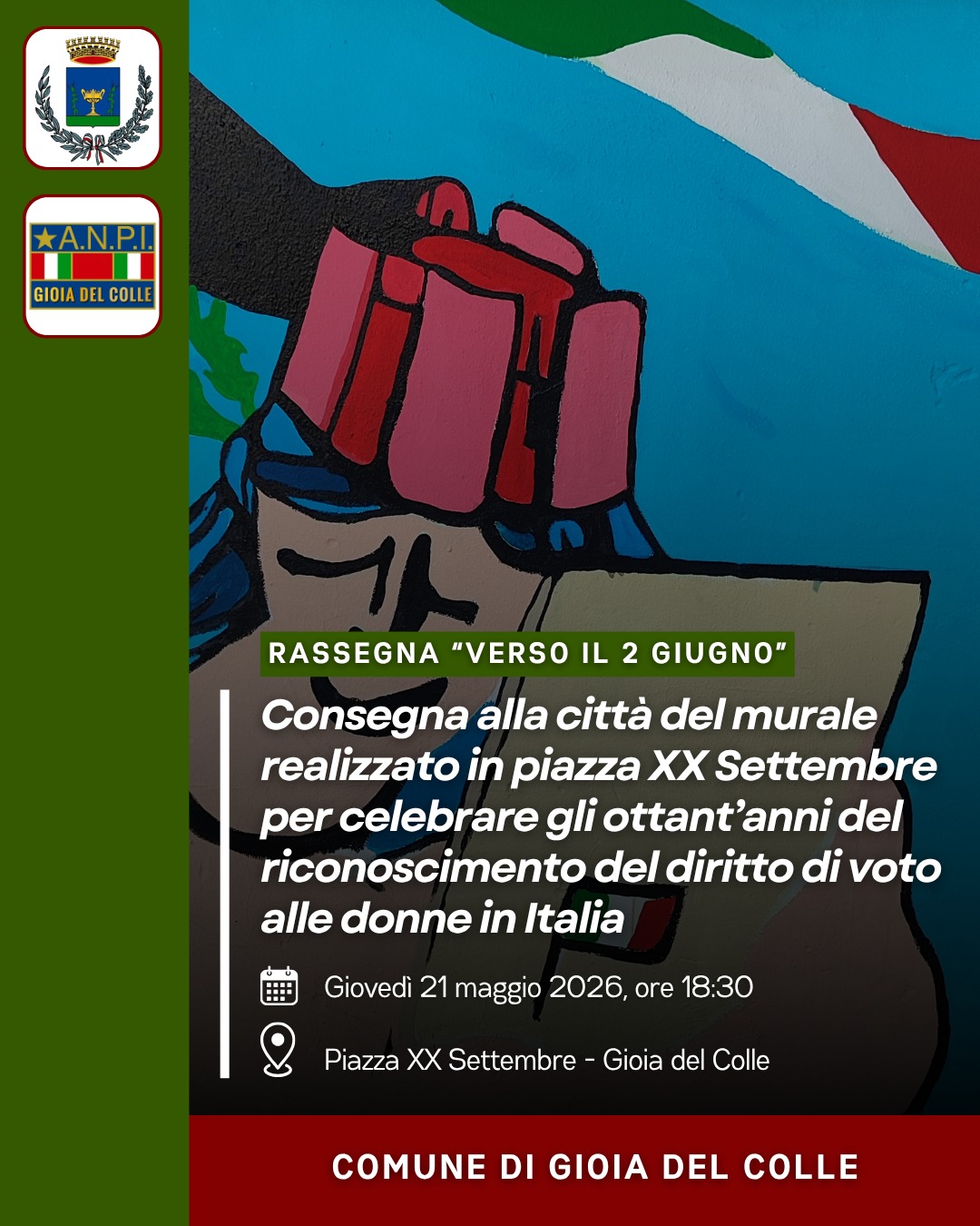 voto alle donne ottanta anni oggi inaugurazione di un murale a gioia del colle verso il 2 giugno da Noinotizie.it voto alle donne ottanta anni oggi inaugurazione di un murale a gioia del colle verso il 2 giugno