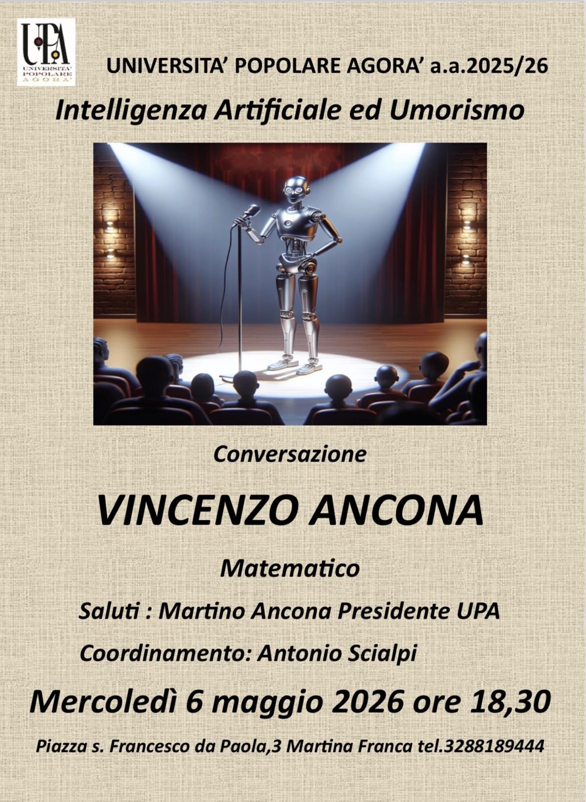 “Intelligenza artificiale ed umorismo” oggi a Martina Franca Università popolare Agorà