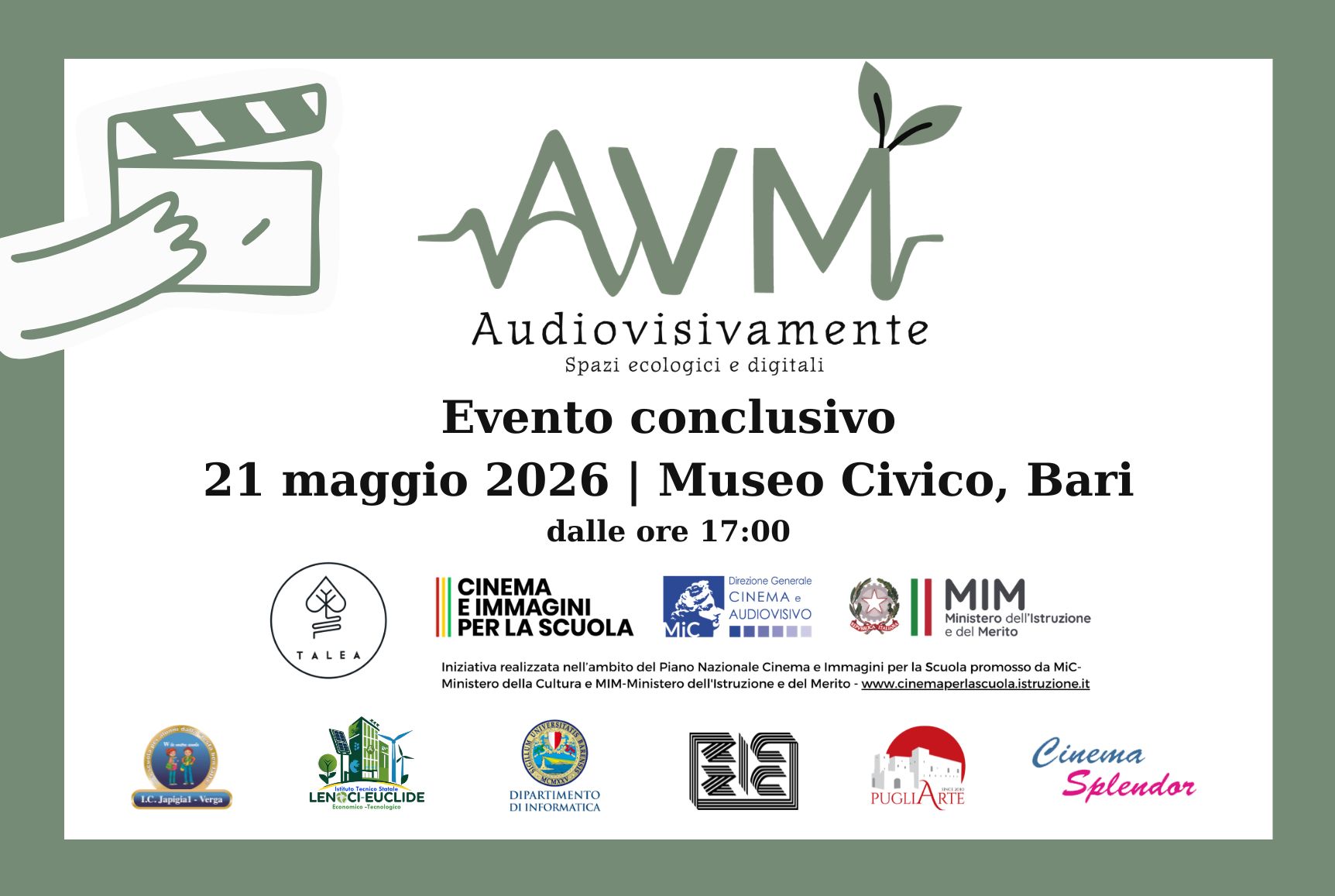 Il 21 maggio al Museo Civico di Bari il gran finale del progetto “AudiovisivaMENTE – Spazi ecologici e digitali” I ragazzi e le ragazze raccontano la città tra fotografia analogica, intelligenza artificiale e cinema immersivo