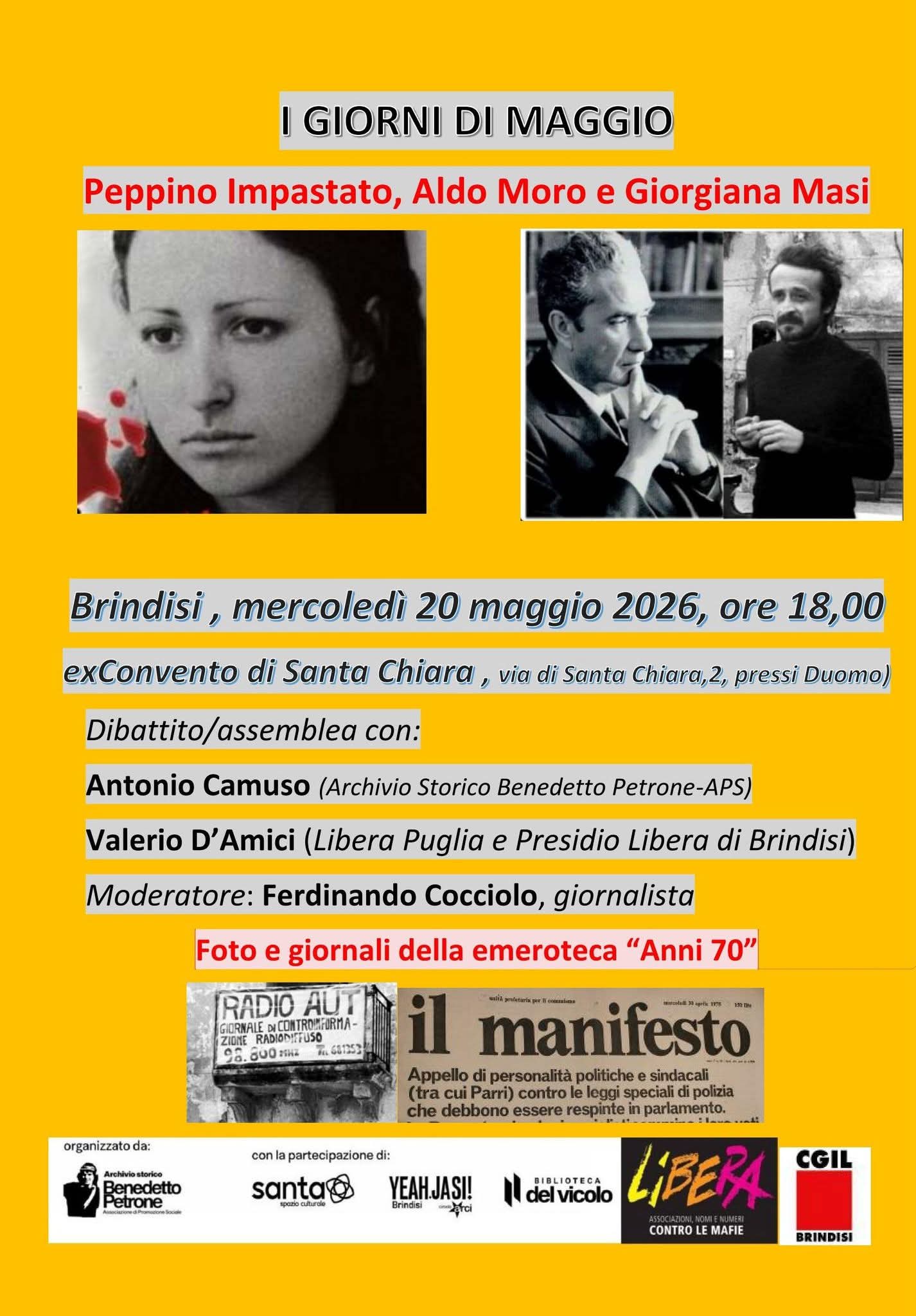 Brindisi: domani “I giorni di maggio degli anni 70” Incontro dedicato al ricordo di Aldo Moro, Peppino Impastato e Giorgiana Masi