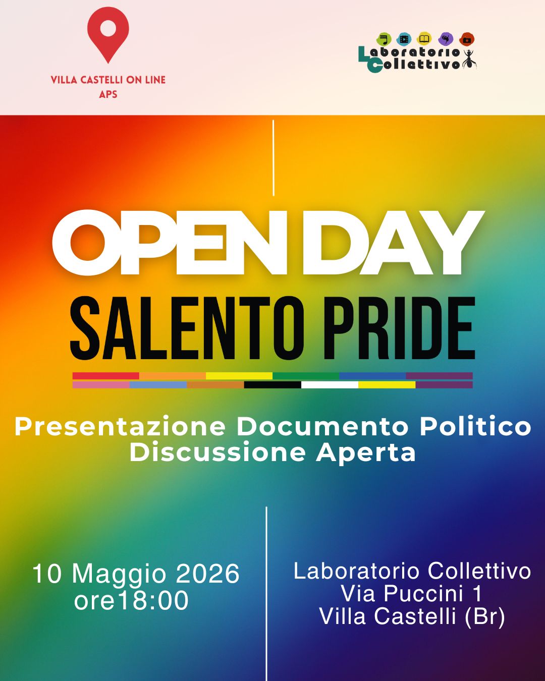 Salento pride: domenica a Villa Castelli il secondo appuntamento Open day