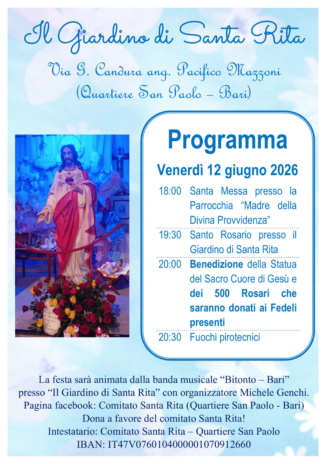 Bari: festa del Sacro Cuore, celebrazione venerdì nel giardino di Santa Rita Quartiere San Paolo