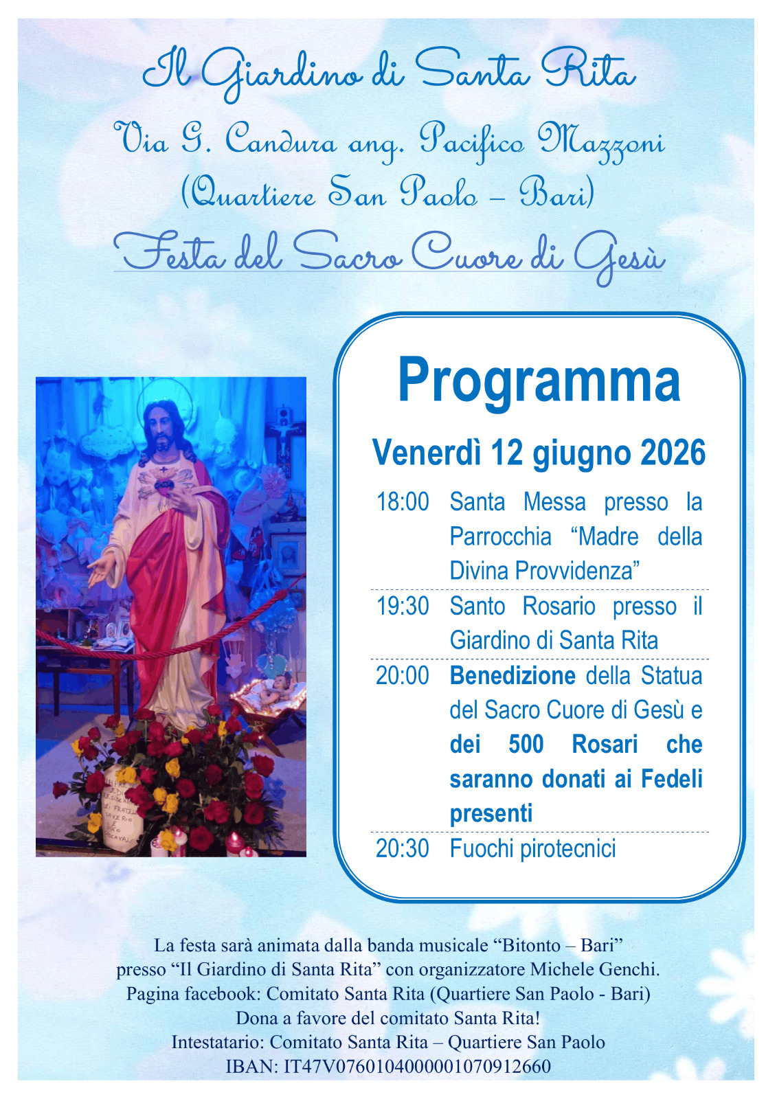 Festa del Sacro Cuore di Gesù: stasera nel quartiere San Paolo di Bari Giardino di Santa Rita