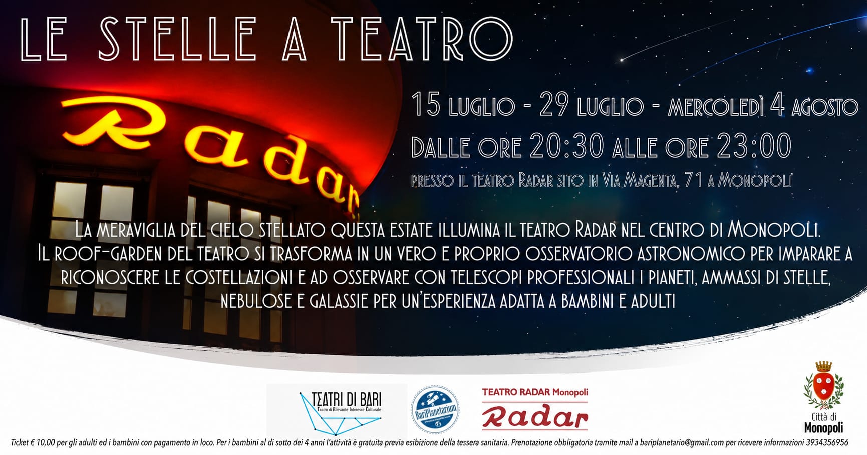 Monopoli: stasera osservazioni astronomiche, c’è la Luna del Cervo Roof garden del teatro Radar
