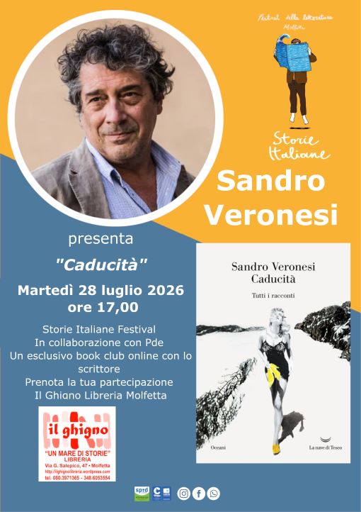 Storie italiane festival: book club online con Sandro Veronesi il 28 luglio Molfetta, libreria Il Ghigno