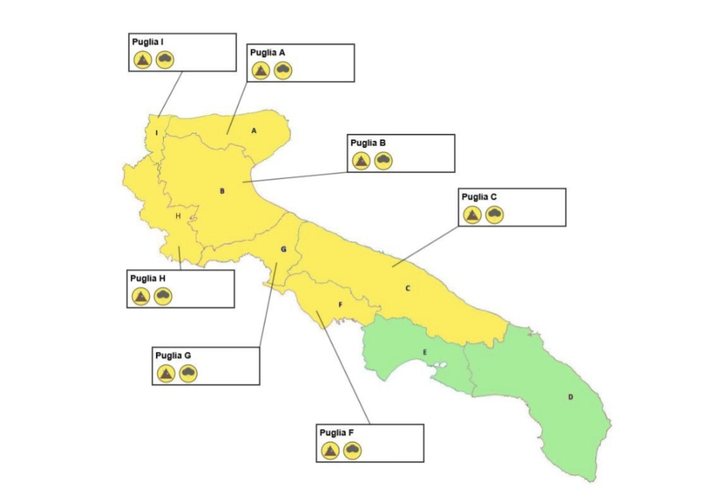 maltempo allerta temporali puglia in codice giallo esclusi tarantino e salento protezione civile previsioni meteo